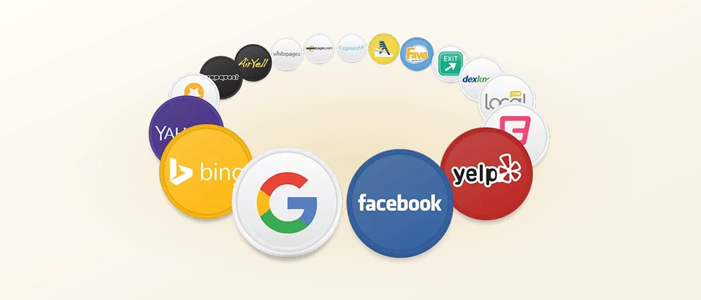 Logotipos de directorios y plataformas en los que se registra un negocio, entre ellos Google, Facebook, Bing, Yahoo y Yelp