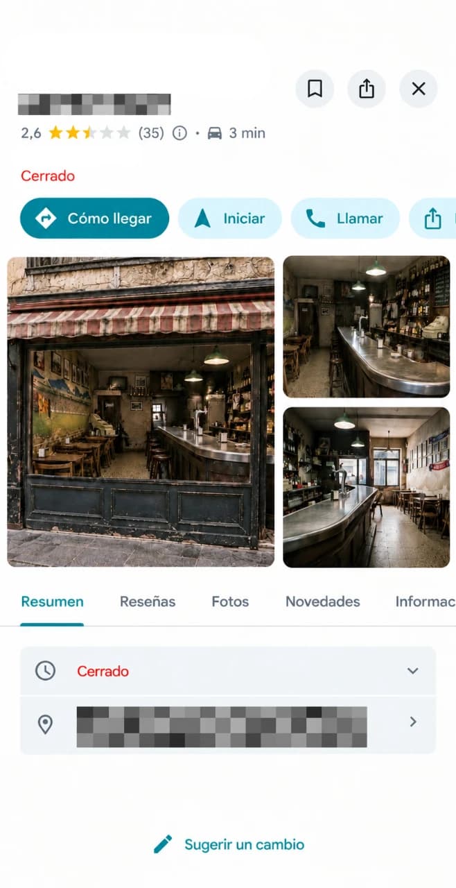 Ficha de Google antes: 2,6 estrellas con 35 reseñas, local cerrado, fotos antiguas y poca información