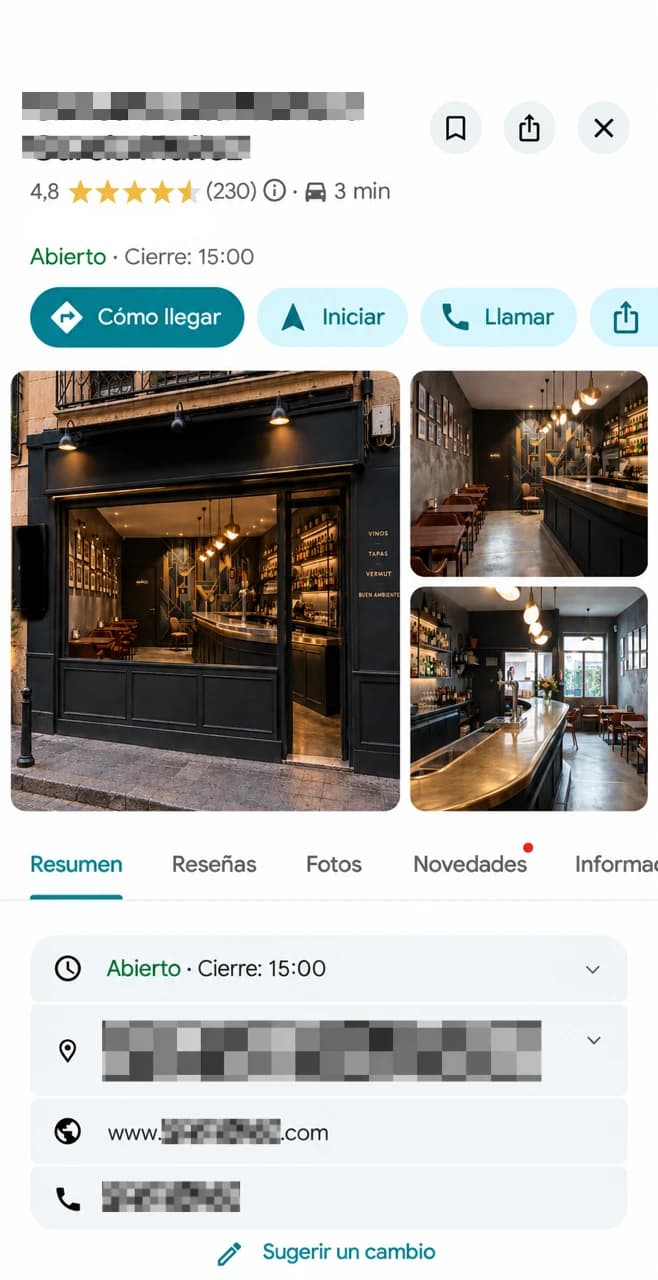 Ficha de Google después: 4,8 estrellas con 230 reseñas, local abierto, fotos cuidadas, con web y teléfono