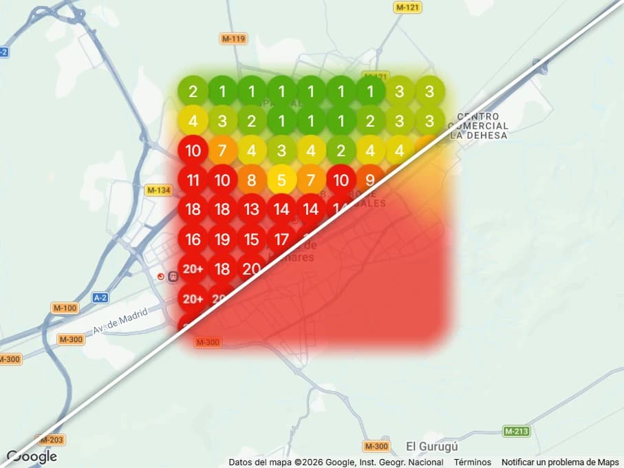 Mapa de posicionamiento de Alcalá de Henares: a un lado, la posición del negocio en cada punto de la cuadrícula (de 1 a 20+); al otro, el mapa de calor, verde donde destaca y rojo donde pierde visibilidad