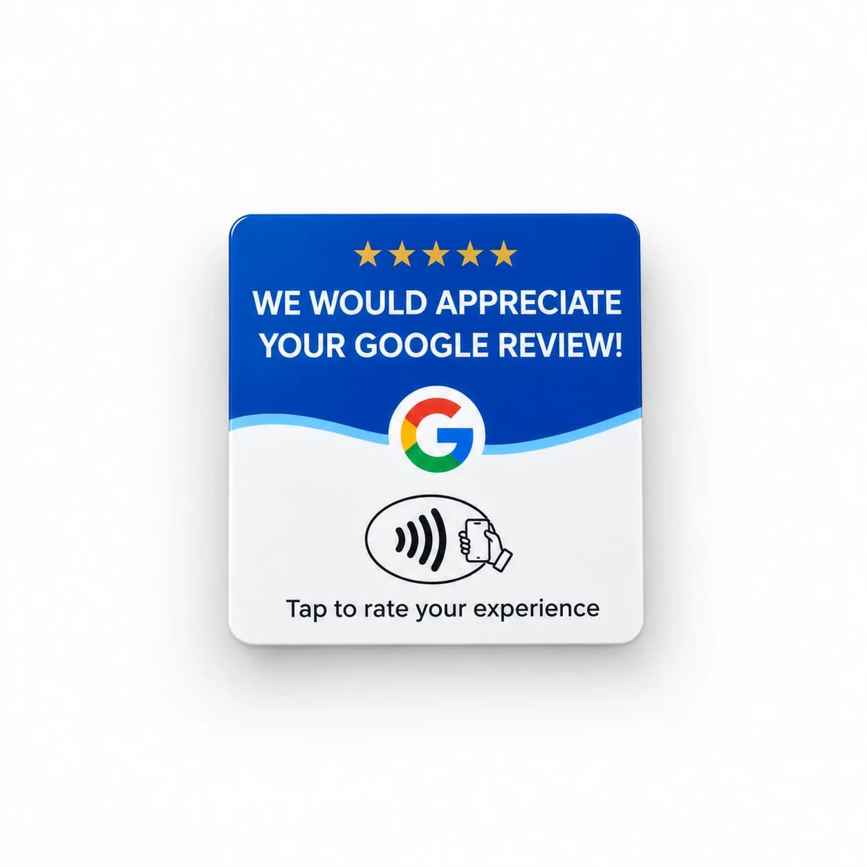 Tarjeta NFC cuadrada para reseñas en Google: cabecera azul con cinco estrellas, logotipo de Google y el símbolo de acercar el móvil